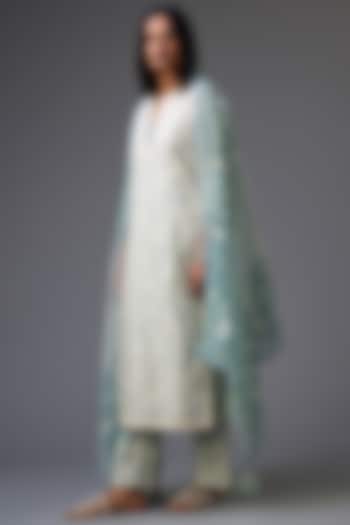 Off- White Silk Chanderi Embroidered Kurta Set by Kora at Pernia's Pop Up Shop