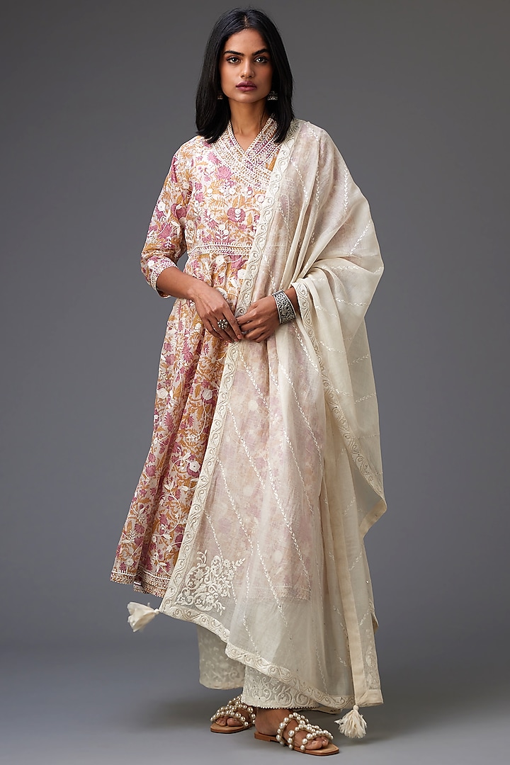 Pink & Mustard Cotton Chanderi Hand Block Printed Angrakha Kurta Set by Kora at Pernia's Pop Up Shop