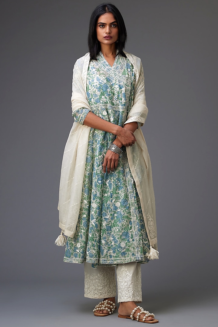 Blue & Green Cotton Chanderi Hand Block Printed Angrakha Kurta Set by Kora at Pernia's Pop Up Shop