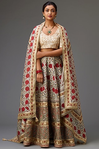 Off-White & Red Silk Chanderi Printed Kalidar Lehenga Set by Kora