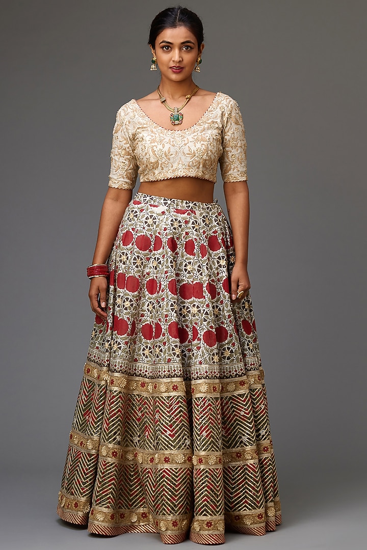 Off-White & Red Silk Chanderi Printed Kalidar Wedding Lehenga Set by Kora at Pernia's Pop Up Shop