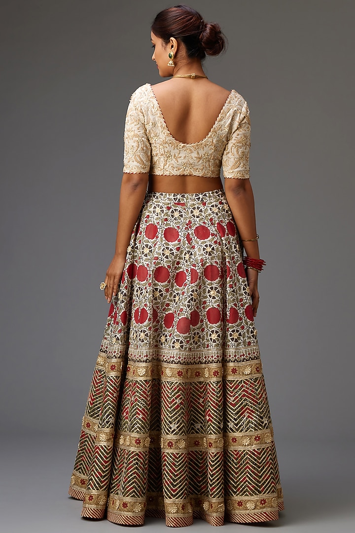 Off-White & Red Silk Chanderi Printed Kalidar Wedding Lehenga Set by Kora at Pernia's Pop Up Shop
