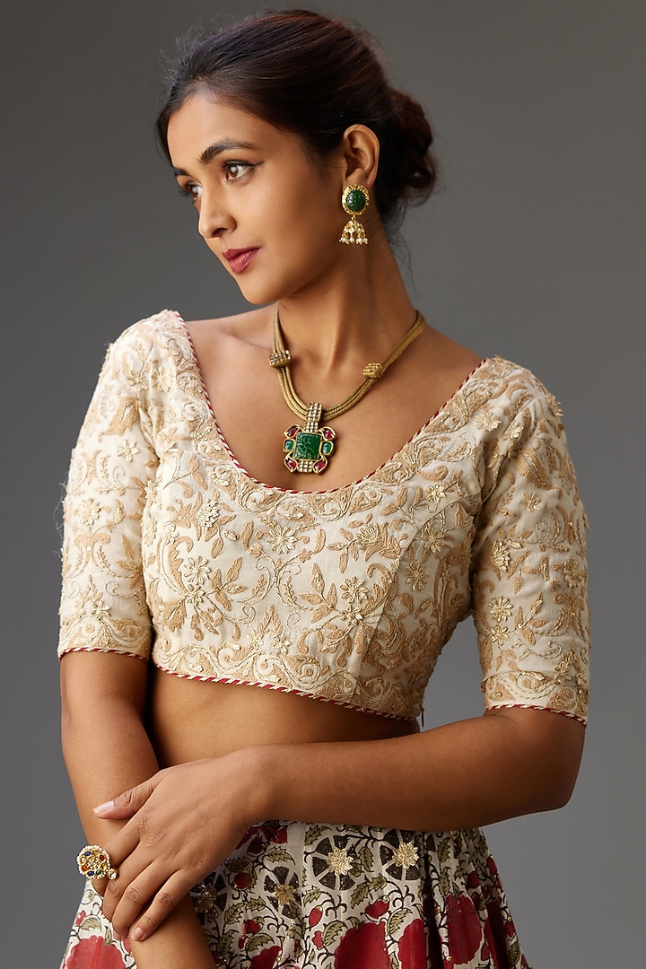 Off-White & Red Silk Chanderi Printed Kalidar Wedding Lehenga Set by Kora at Pernia's Pop Up Shop