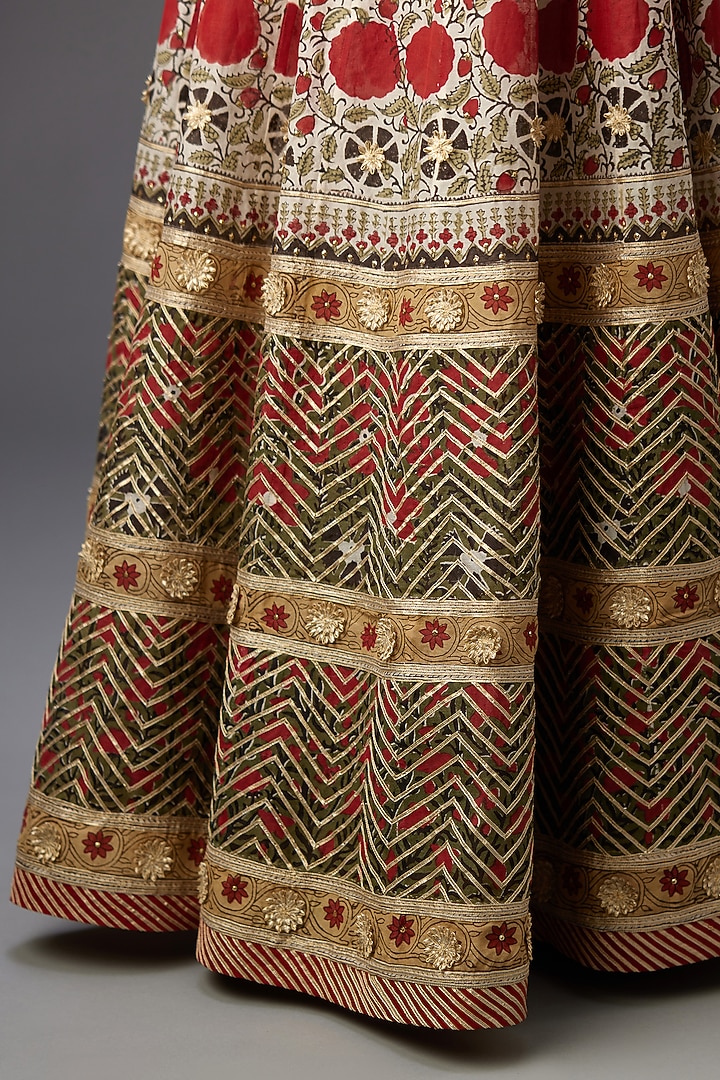 Off-White & Red Silk Chanderi Printed Kalidar Wedding Lehenga Set by Kora at Pernia's Pop Up Shop