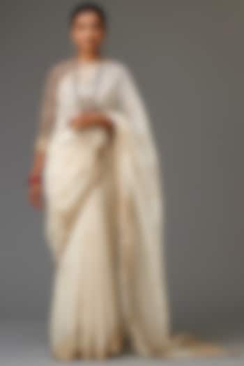 Off-White Cotton Chanderi Embroidered Saree Set by Kora