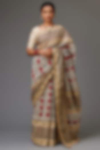 Off-White & Red Silk Chanderi Hand Block Printed Saree Set by Kora
