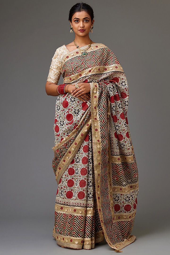 Off-White & Red Silk Chanderi Hand Block Printed Saree Set by Kora