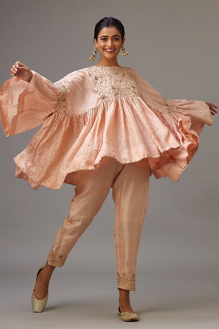 Pink Gold Crushed Silk With Embroidered Pant Salwar Suit main image 1