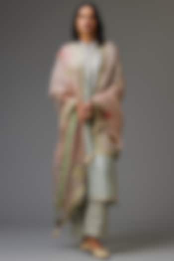 Blue Hand Crushed Silk Embroidered Kurta Set by Kora at Pernia's Pop Up Shop