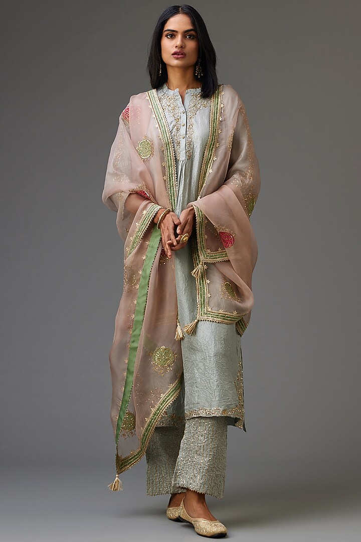 Blue Hand Crushed Silk Embroidered Kurta Set by Kora at Pernia's Pop Up Shop