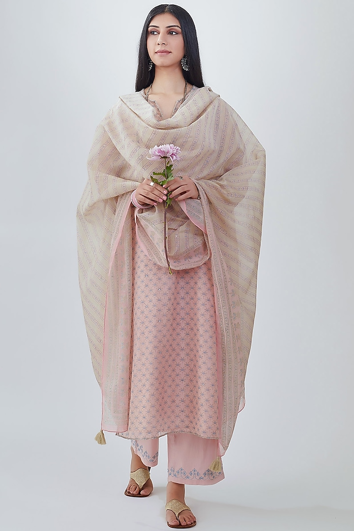 Pink Hand Block Printed Kurta Set With Beads by Kora at Pernia's Pop Up Shop