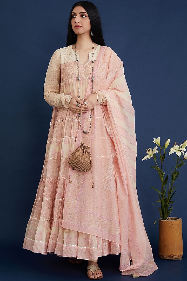 Pink & Beige Hand Block Printed Multi Tiered Kurta Set by Kora