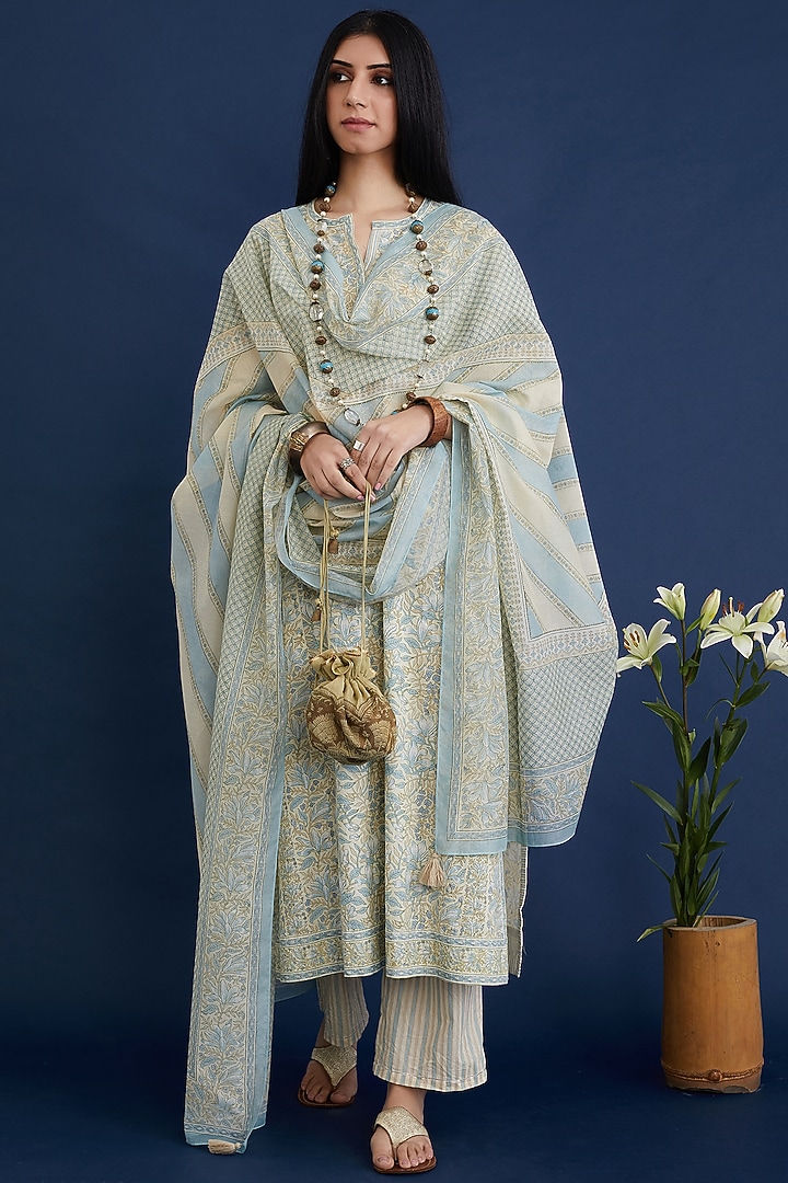 Blue & Beige Hand Block Printed Straight Kurta Set by Kora at Pernia's Pop Up Shop