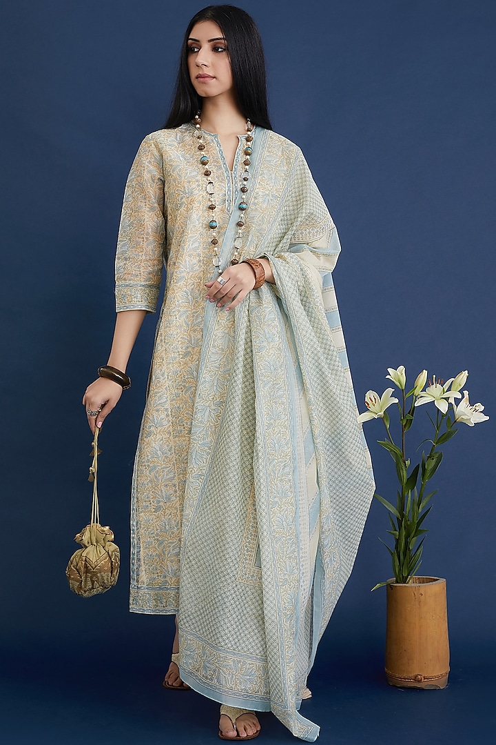 Blue & Beige Hand Block Printed Straight Kurta Set With Slip by Kora