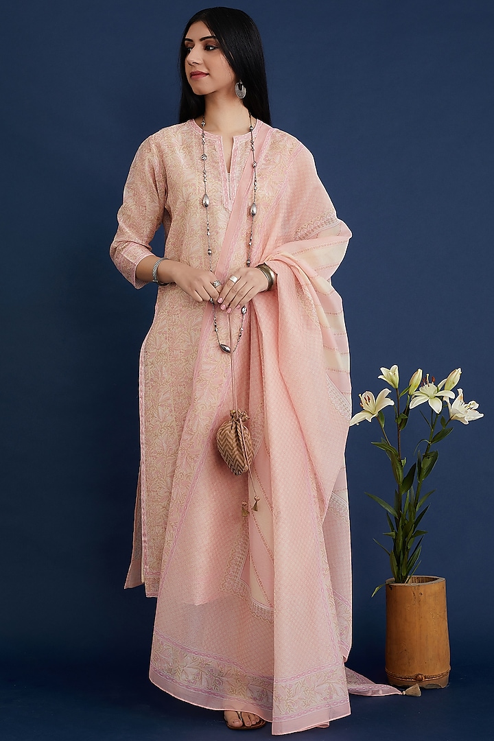 Pink & Beige Hand Block Printed Kurta Set With Slip by Kora