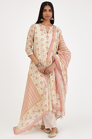 Pink & Off-White Cotton Chanderi Printed Asymmetric Kurta Set by Kora