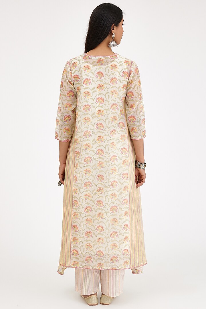Pink & Off-White Cotton Chanderi Printed Asymmetric Kurta Set by Kora at Pernia's Pop Up Shop