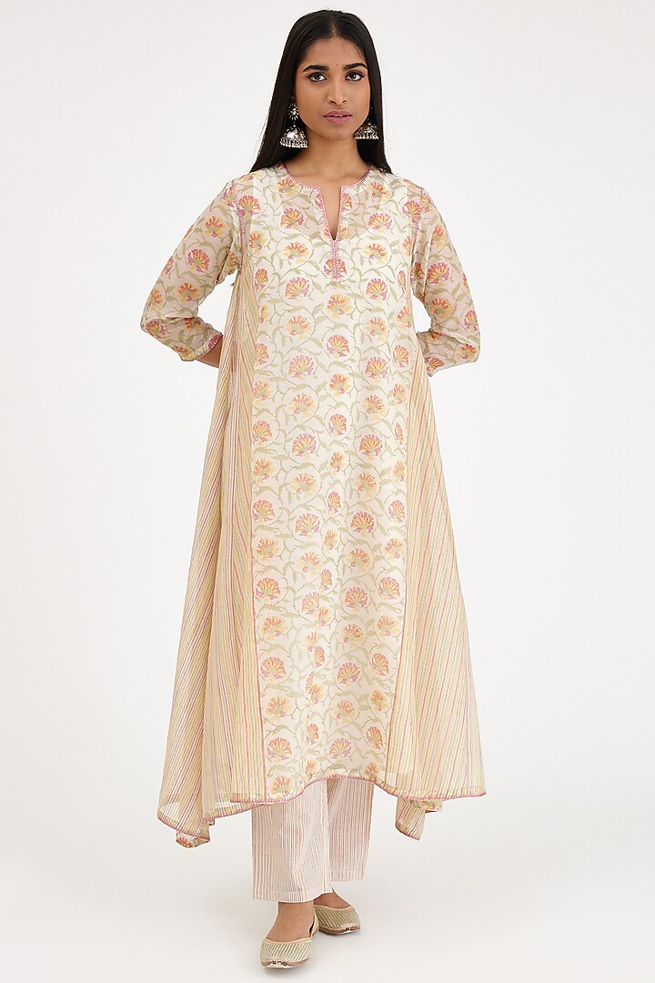 Pink & Off-White Cotton Chanderi Printed Asymmetric Kurta Set by Kora at Pernia's Pop Up Shop