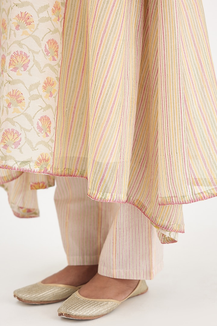 Pink & Off-White Cotton Chanderi Printed Asymmetric Kurta Set by Kora at Pernia's Pop Up Shop