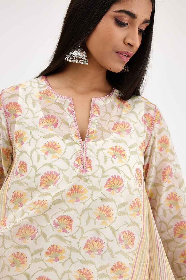 Pink & Off-White Cotton Chanderi Printed Asymmetric Kurta Set by Kora at Pernia's Pop Up Shop