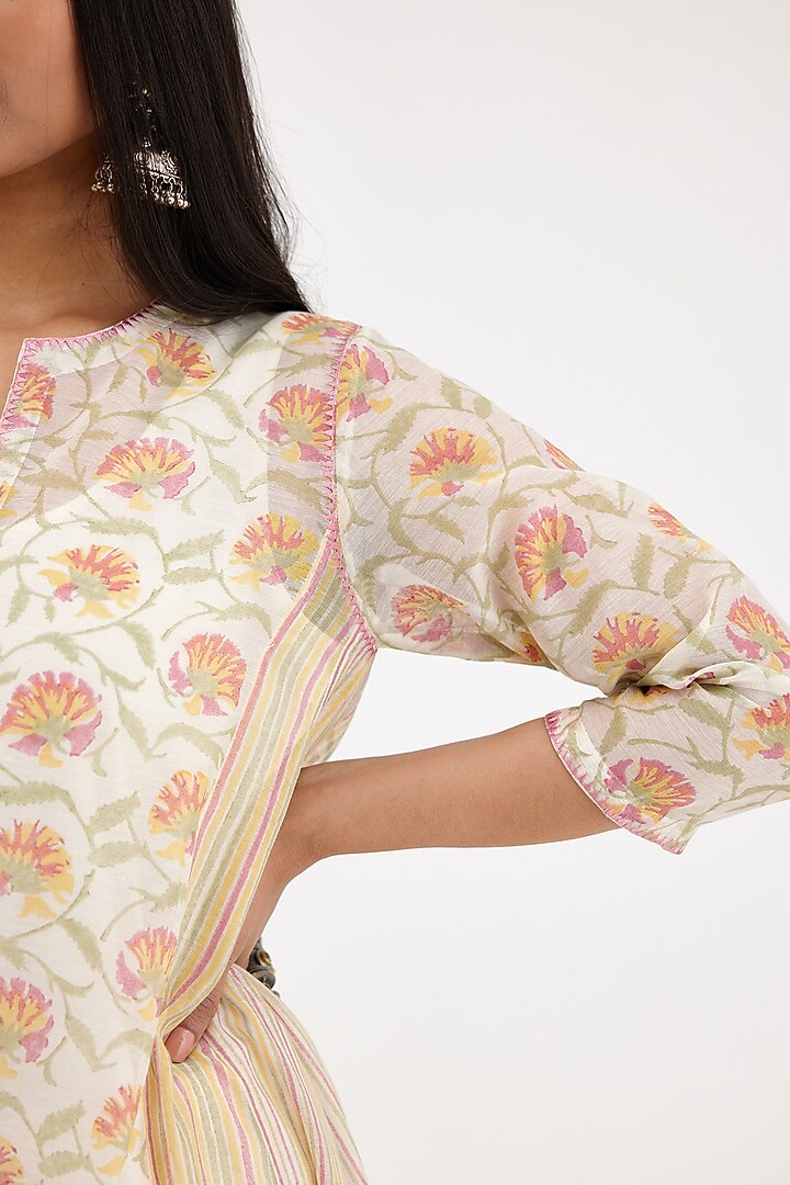 Pink & Off-White Cotton Chanderi Printed Asymmetric Kurta Set by Kora at Pernia's Pop Up Shop