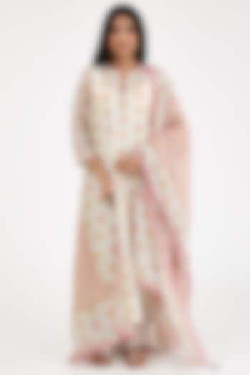 Pink & Cream Cotton Chanderi Printed Kurta Set by Kora at Pernia's Pop Up Shop