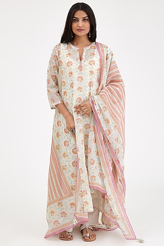 Pink & Cream Cotton Chanderi Printed Kurta Set by Kora