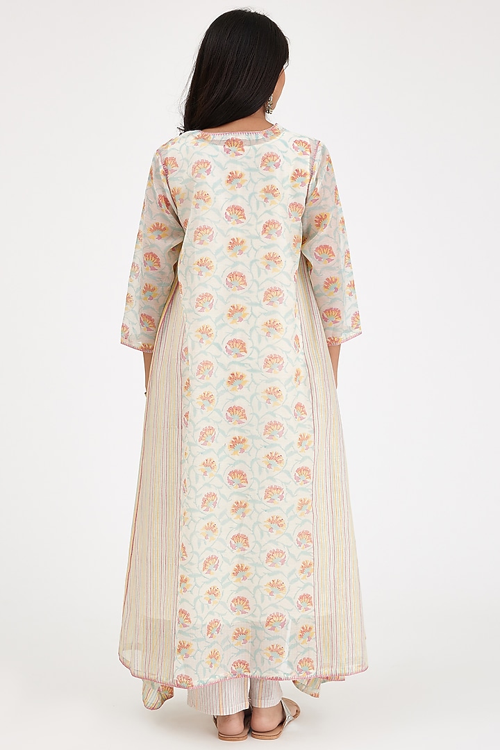 Pink & Cream Cotton Chanderi Printed Kurta Set by Kora at Pernia's Pop Up Shop