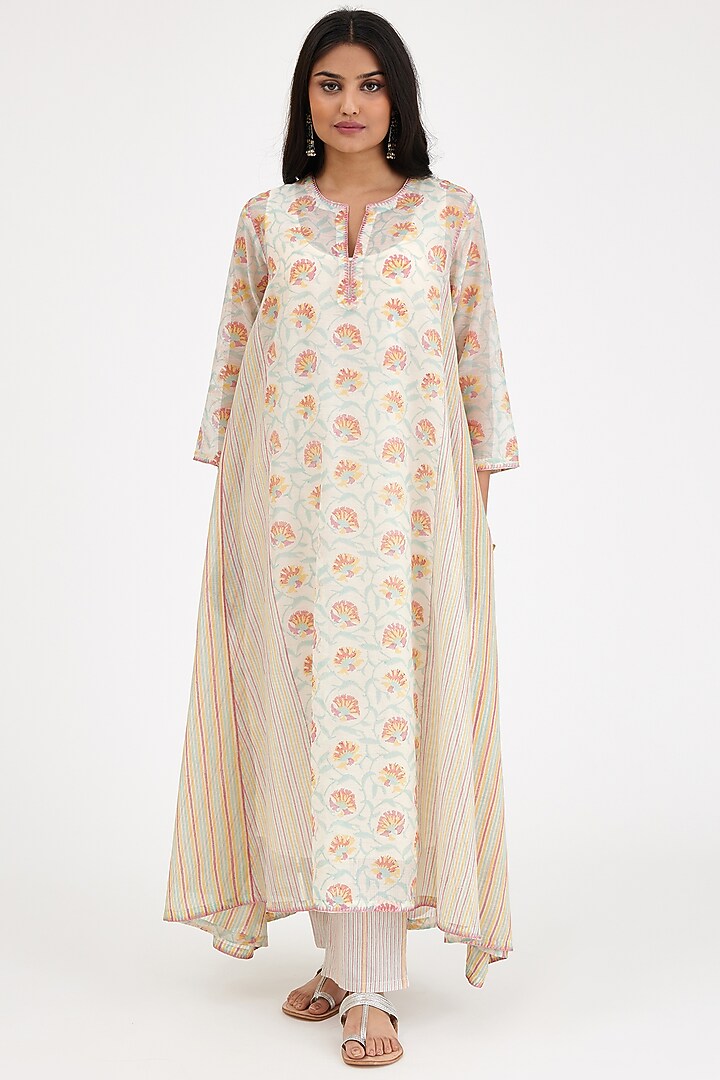 Pink & Cream Cotton Chanderi Printed Kurta Set by Kora at Pernia's Pop Up Shop