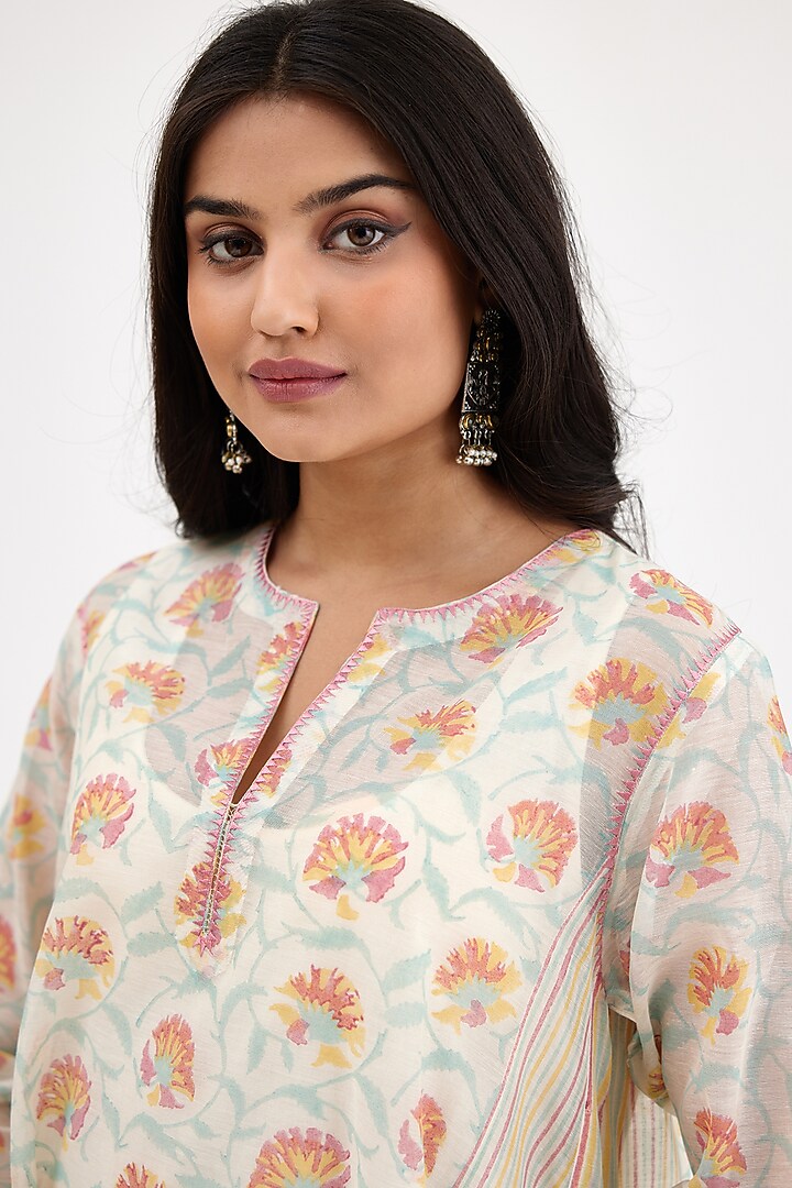 Pink & Cream Cotton Chanderi Printed Kurta Set by Kora at Pernia's Pop Up Shop