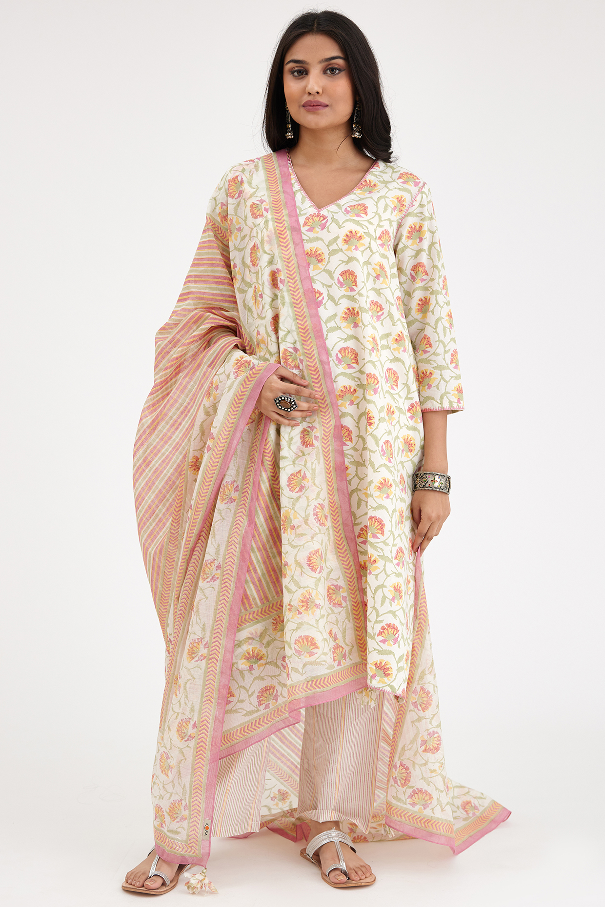 Pink & Cream Cotton Printed A-line Kurta Set by Kora at Pernia's Pop Up Shop