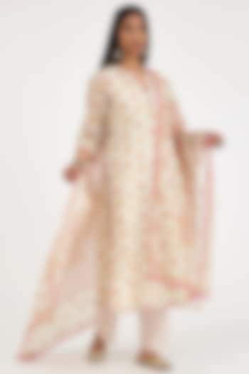 Pink & Off-White Silk Chanderi Printed Kurta Set by Kora
