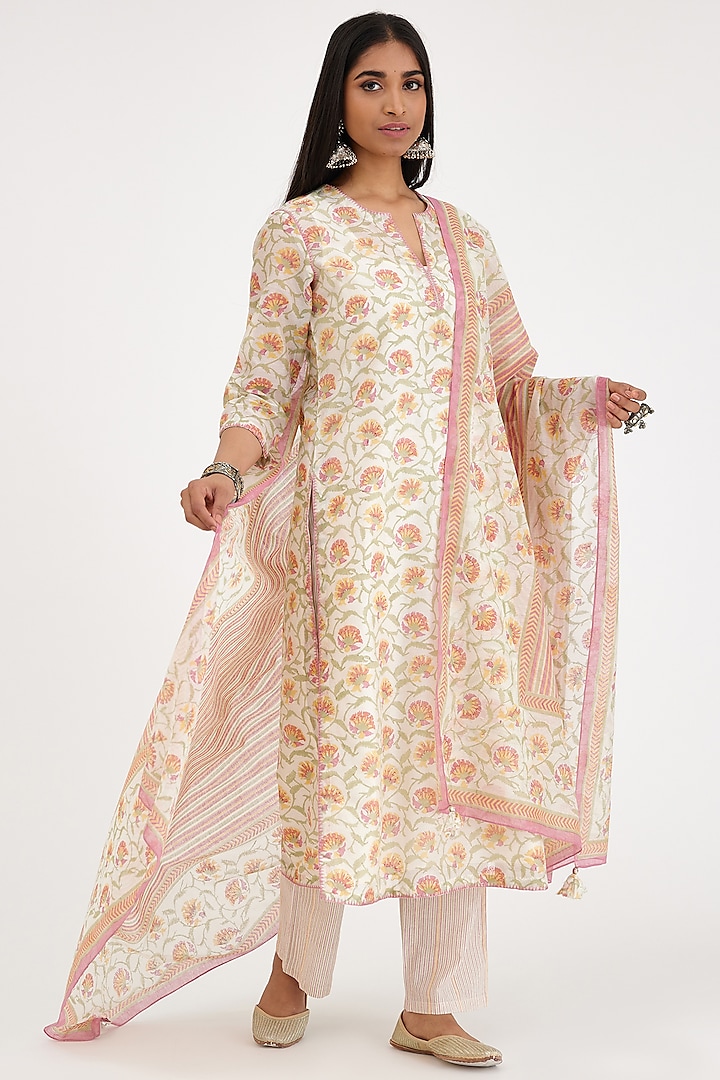 Pink & Off-White Silk Chanderi Printed Kurta Set by Kora