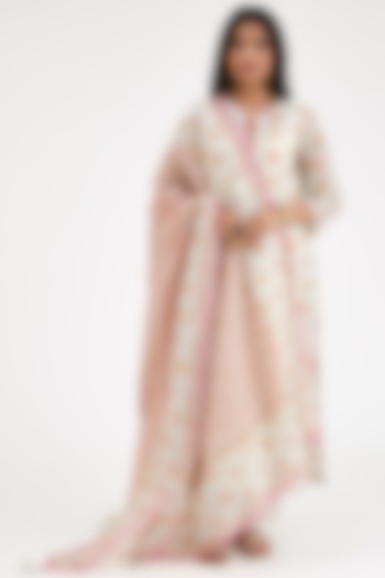 Pink & Cream Silk Chanderi Printed Kurta Set by Kora at Pernia's Pop Up Shop