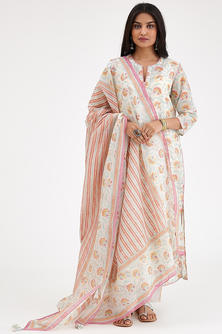 Pink & Cream Silk Chanderi Printed Kurta Set by Kora