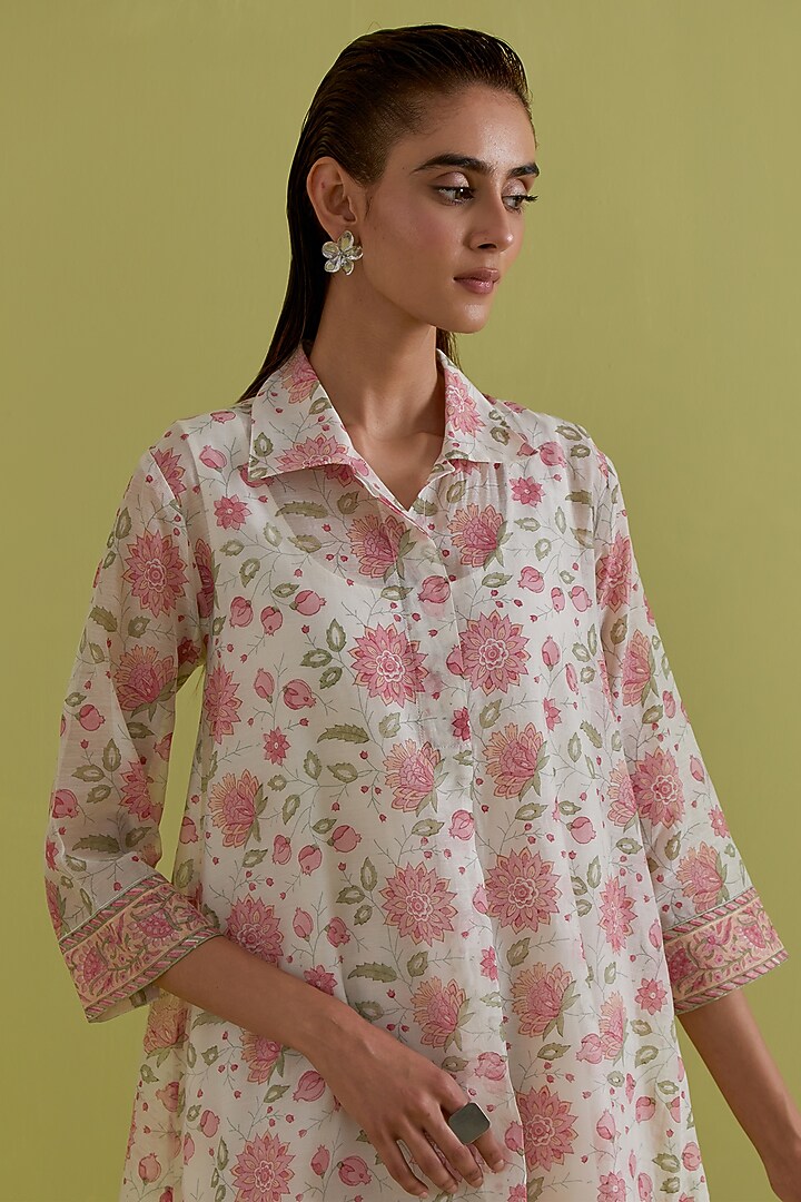 Off-White Cotton Chanderi Hand-Block Printed Kurta Set by Kora at Pernia's Pop Up Shop