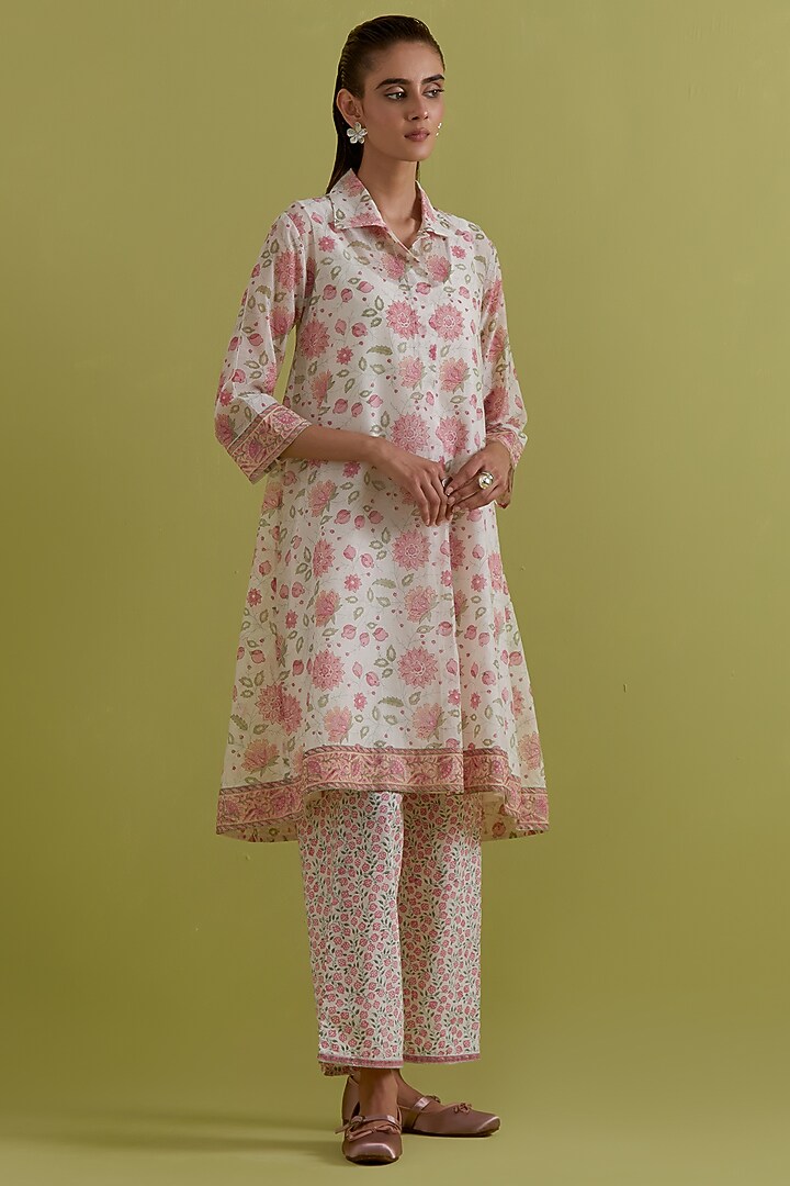 Off-White Cotton Chanderi Hand-Block Printed Kurta Set by Kora at Pernia's Pop Up Shop