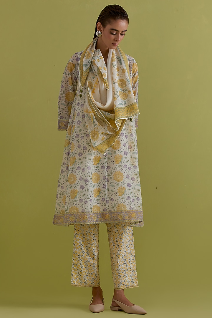 Off-White Cotton Chanderi Hand-Block Printed Kurta Set by Kora at Pernia's Pop Up Shop