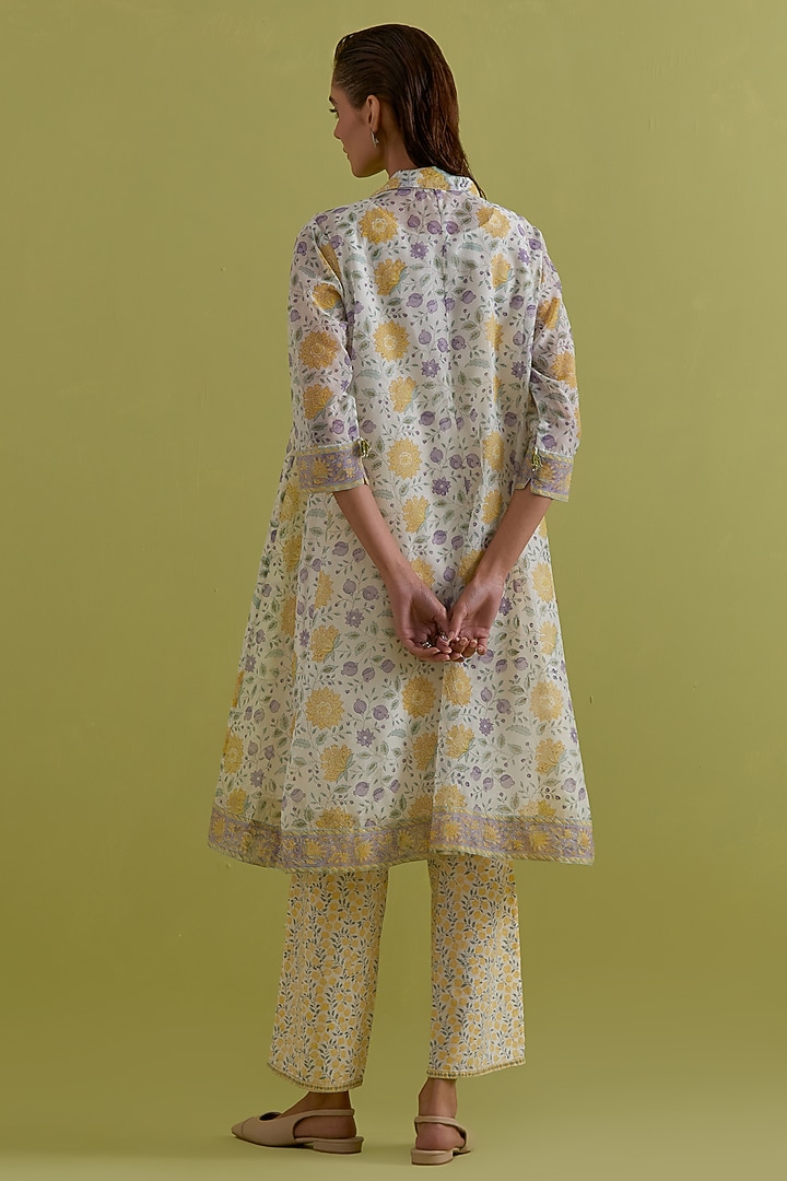 Off-White Cotton Chanderi Hand-Block Printed Kurta Set by Kora at Pernia's Pop Up Shop