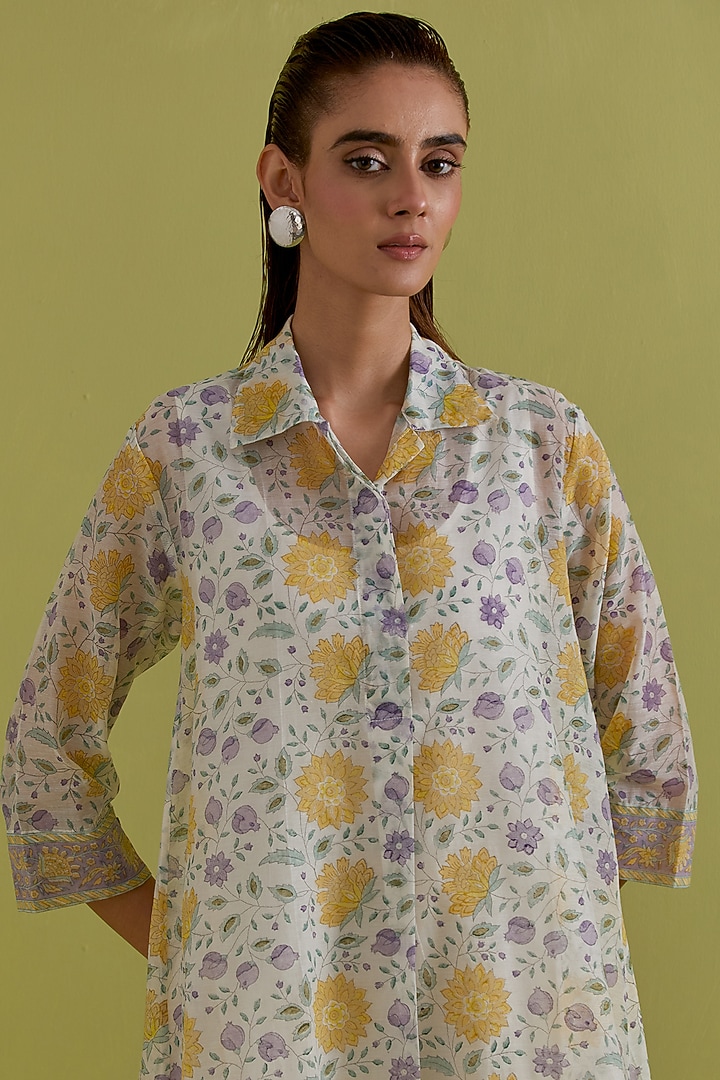Off-White Cotton Chanderi Hand-Block Printed Kurta Set by Kora at Pernia's Pop Up Shop