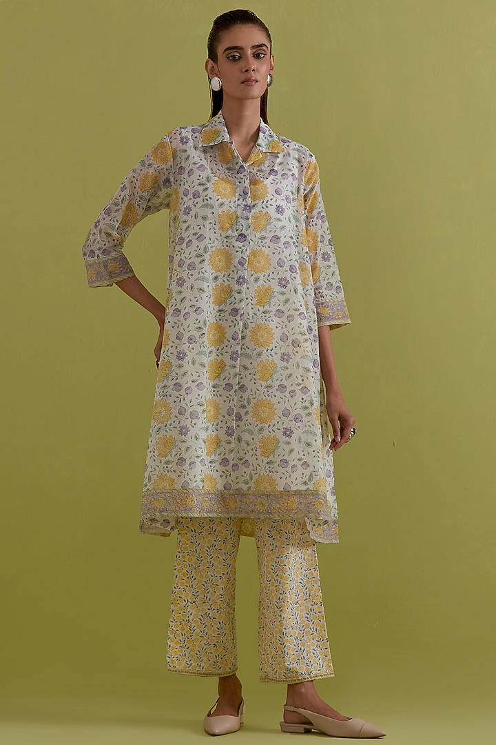Off-White Cotton Chanderi Hand-Block Printed Kurta Set by Kora at Pernia's Pop Up Shop
