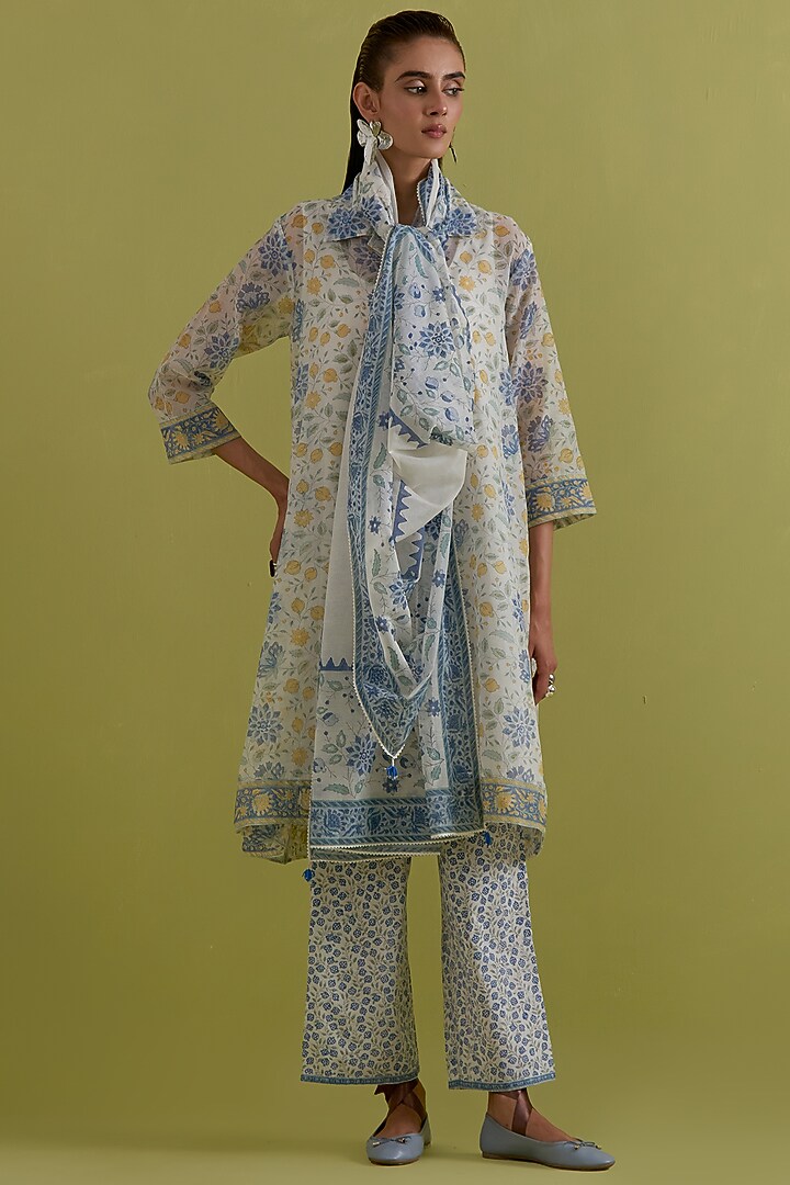 Off-White Cotton Chanderi Hand-Block Printed Kurta Set by Kora at Pernia's Pop Up Shop