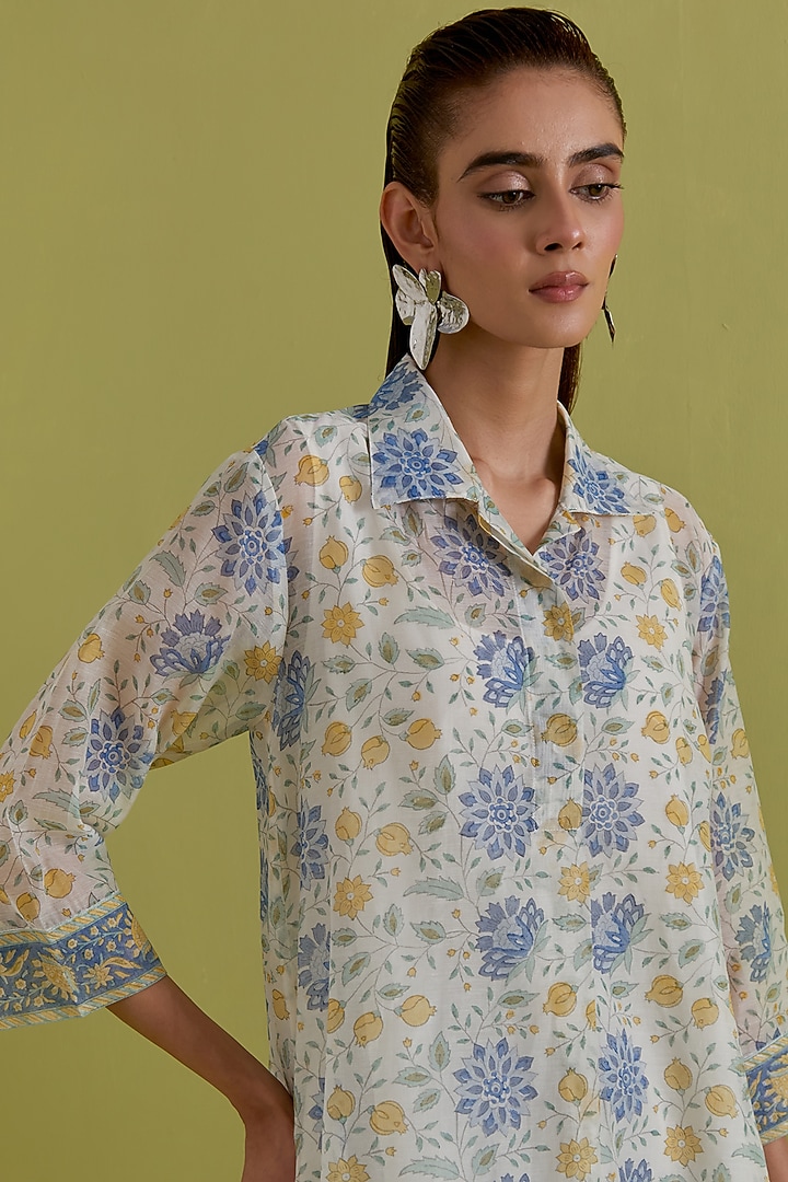 Off-White Cotton Chanderi Hand-Block Printed Kurta Set by Kora at Pernia's Pop Up Shop