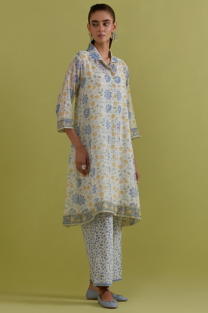 Off-White Cotton Chanderi Hand-Block Printed Kurta Set by Kora at Pernia's Pop Up Shop