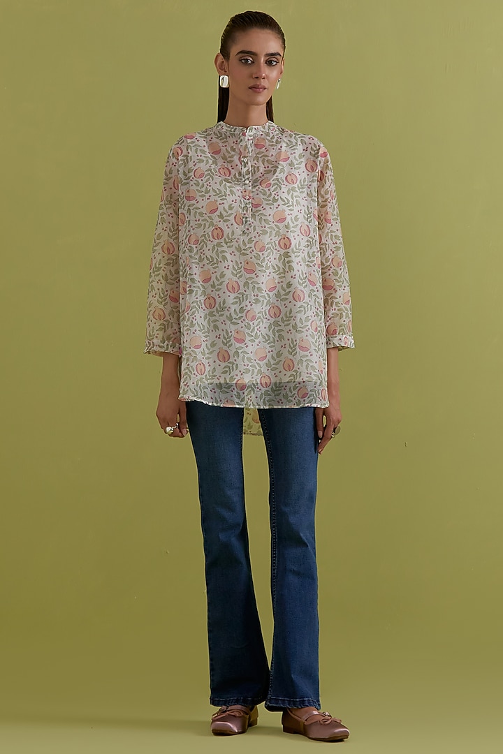 Off-White Cotton Chanderi Hand-Block Printed Top by Kora at Pernia's Pop Up Shop