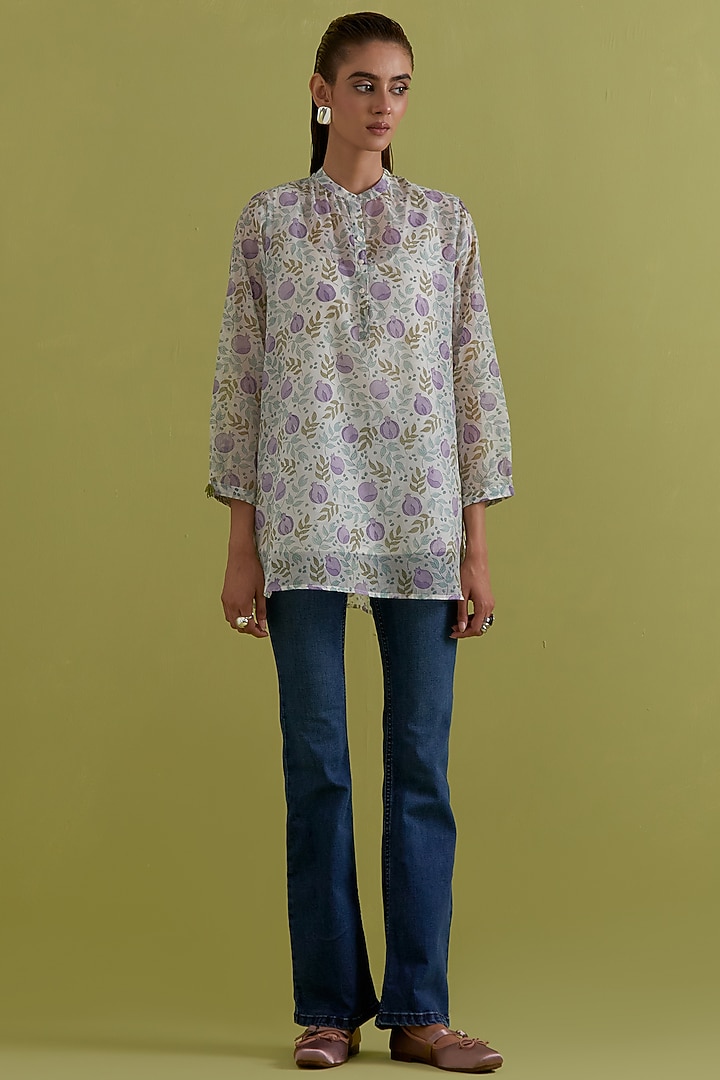 Off-White Cotton Chanderi Hand-Block Printed Top by Kora at Pernia's Pop Up Shop