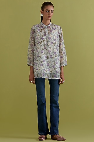 Off-White Cotton Chanderi Hand-Block Printed Top by Kora