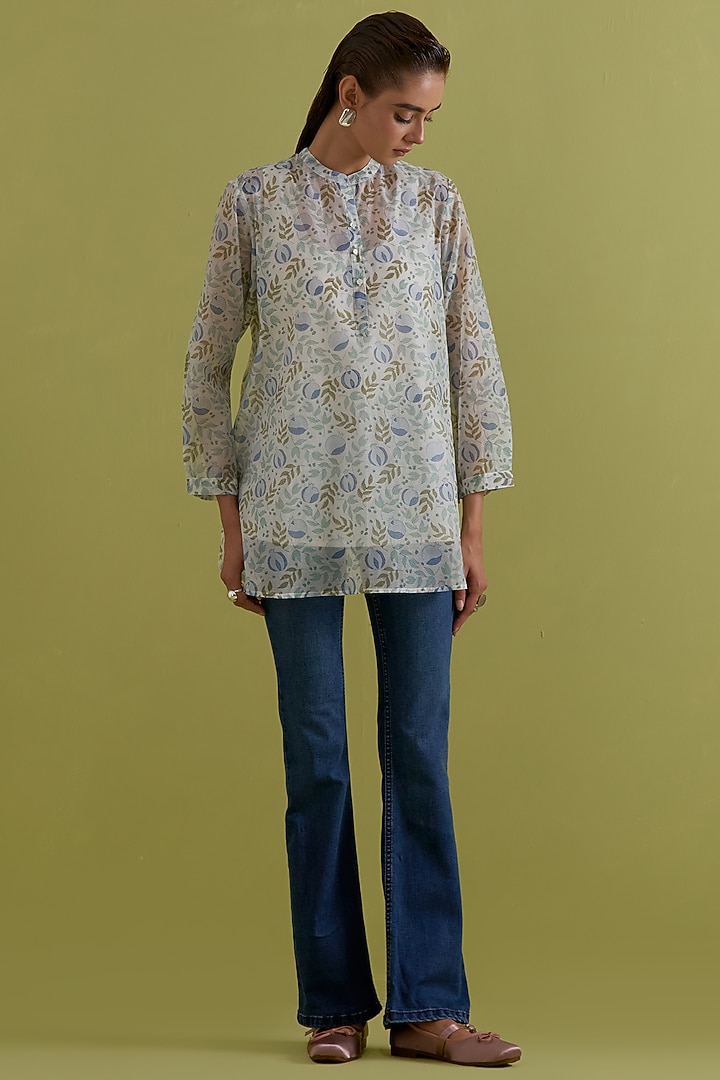 Off-White Cotton Chanderi Hand-Block Printed Top by Kora at Pernia's Pop Up Shop
