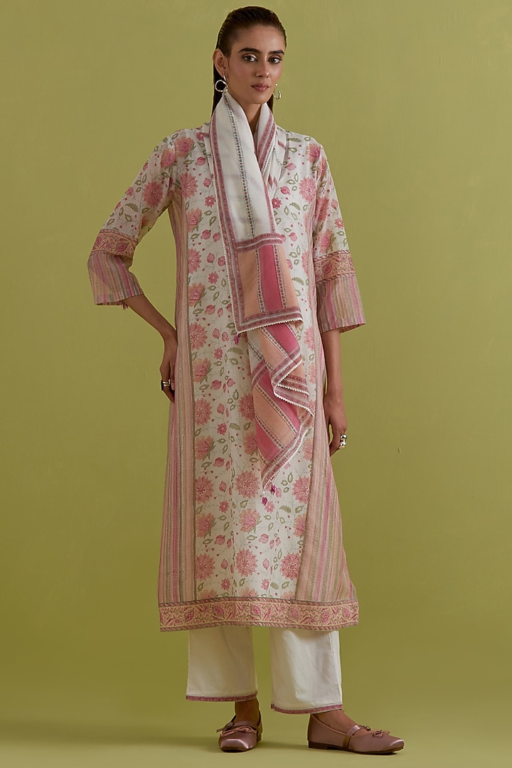 Off-White Cotton Chanderi Hand-Block Printed Kurta Set by Kora at Pernia's Pop Up Shop