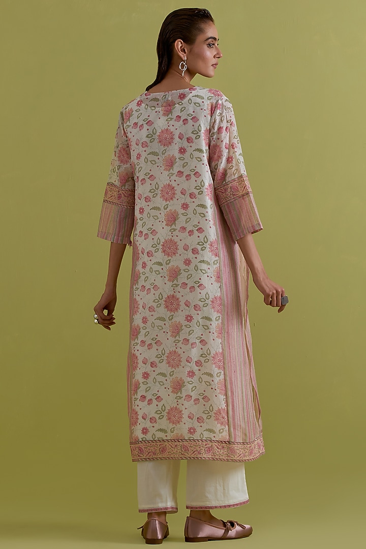 Off-White Cotton Chanderi Hand-Block Printed Kurta Set by Kora at Pernia's Pop Up Shop